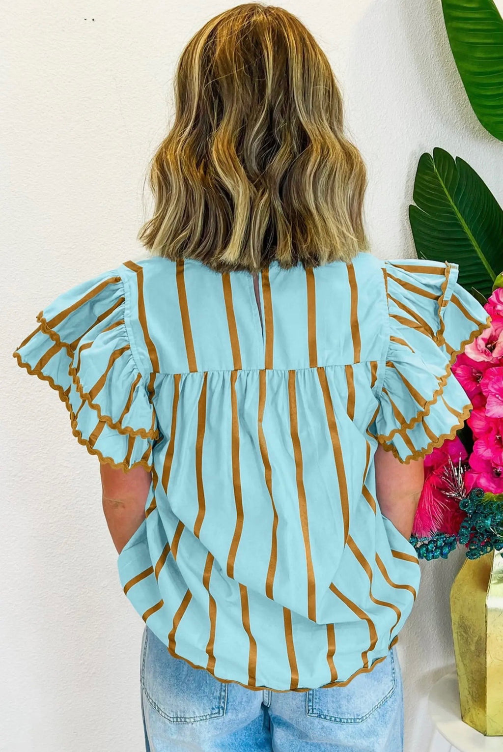 Sky Blue stripe rica trim double ruffled v neck blouse