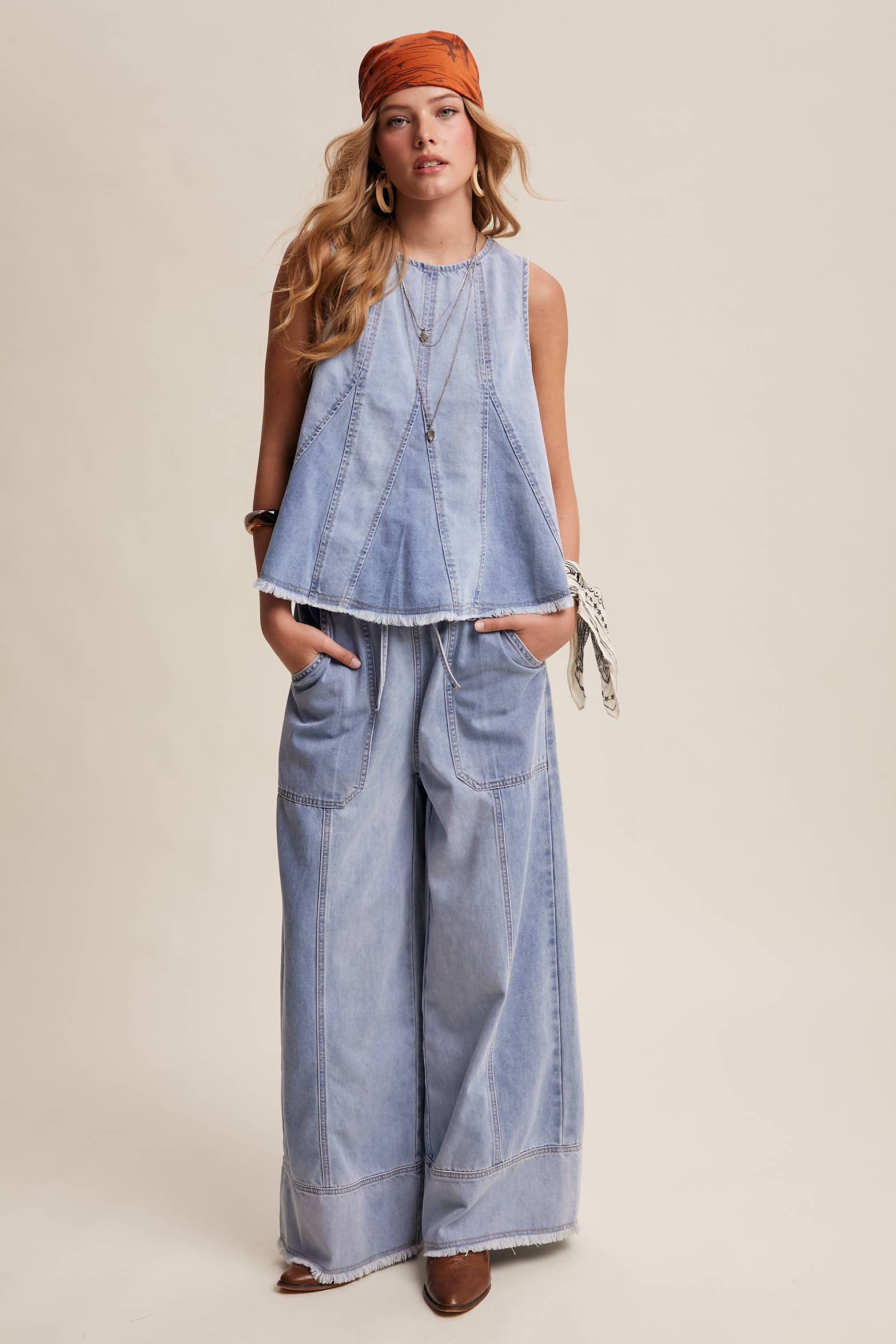 Washed Denim Wide-Leg Pants