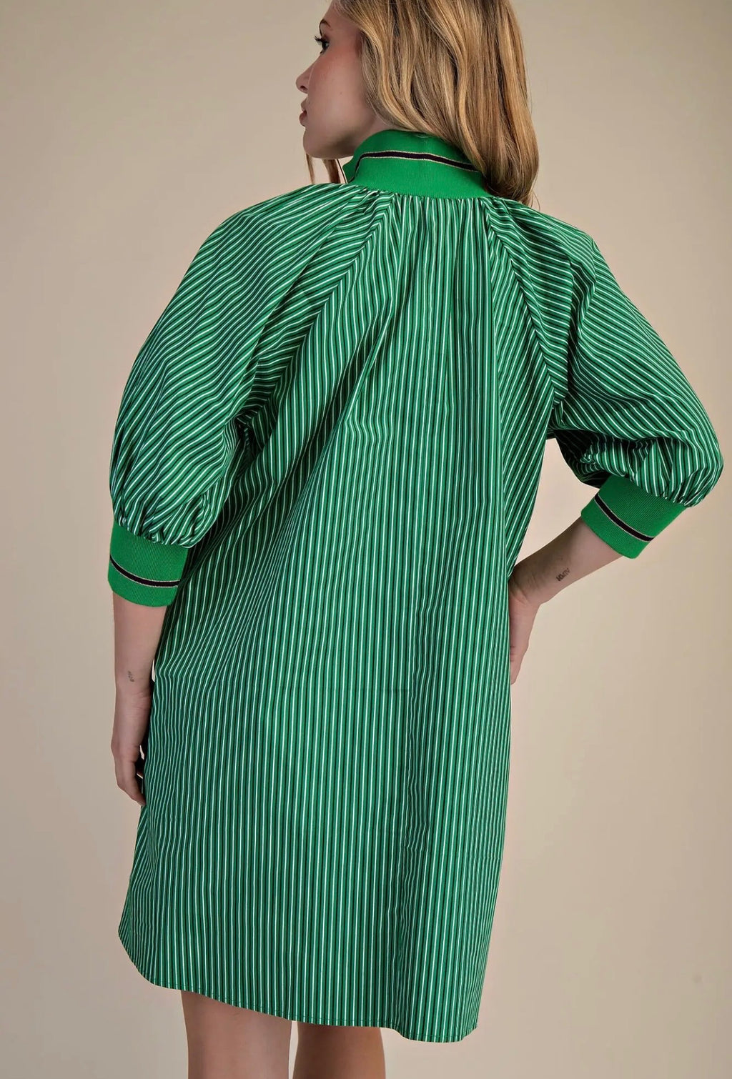 Mock Neck band Puff Sleeve Dress Kelly green