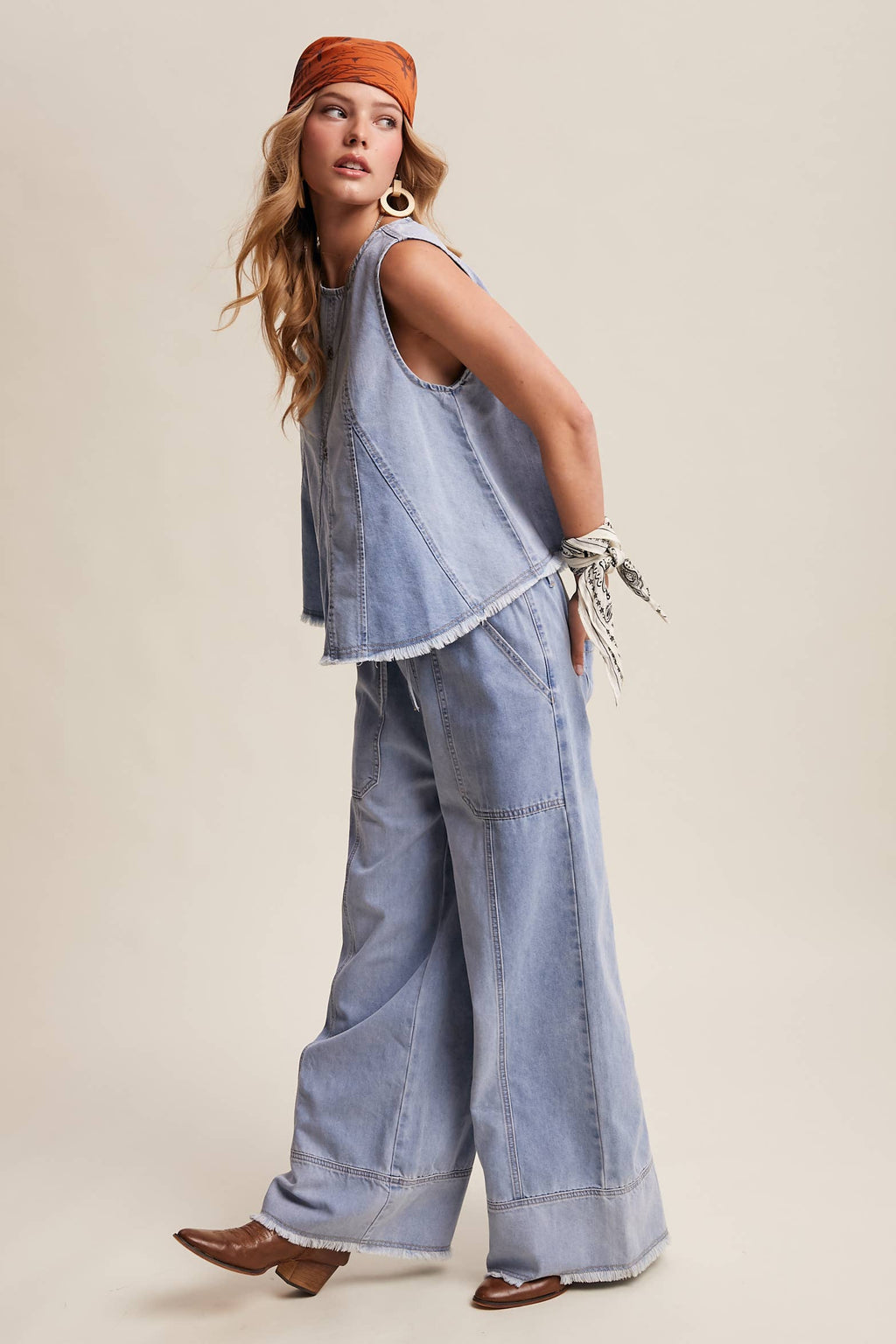 Washed Denim Wide-Leg Pants