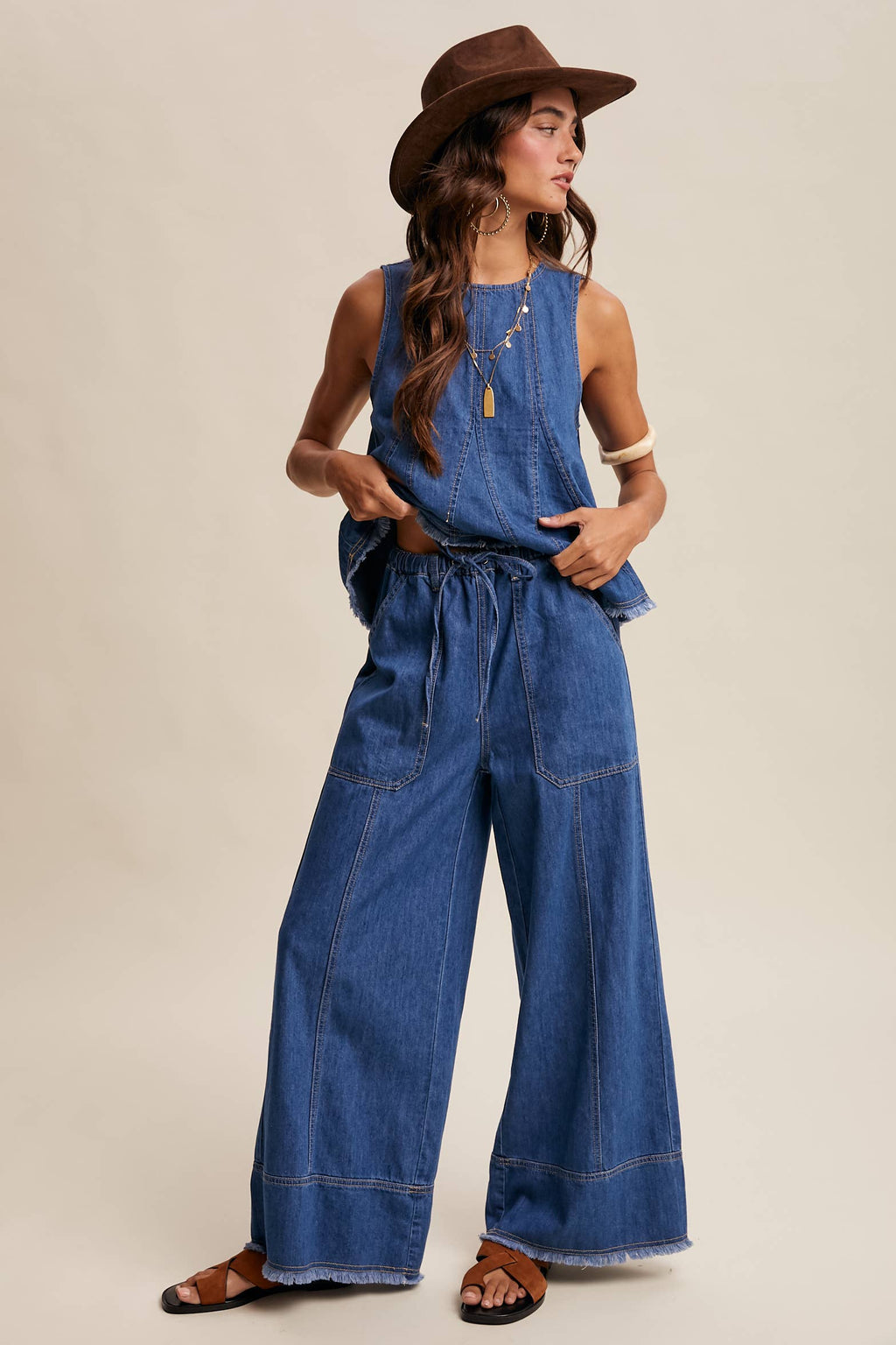 Washed Denim Wide-Leg Pants