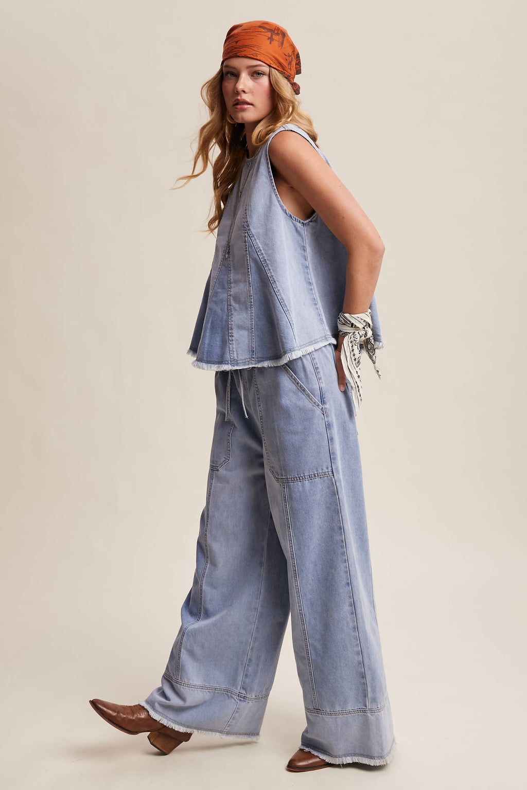 Washed Denim Wide-Leg Pants
