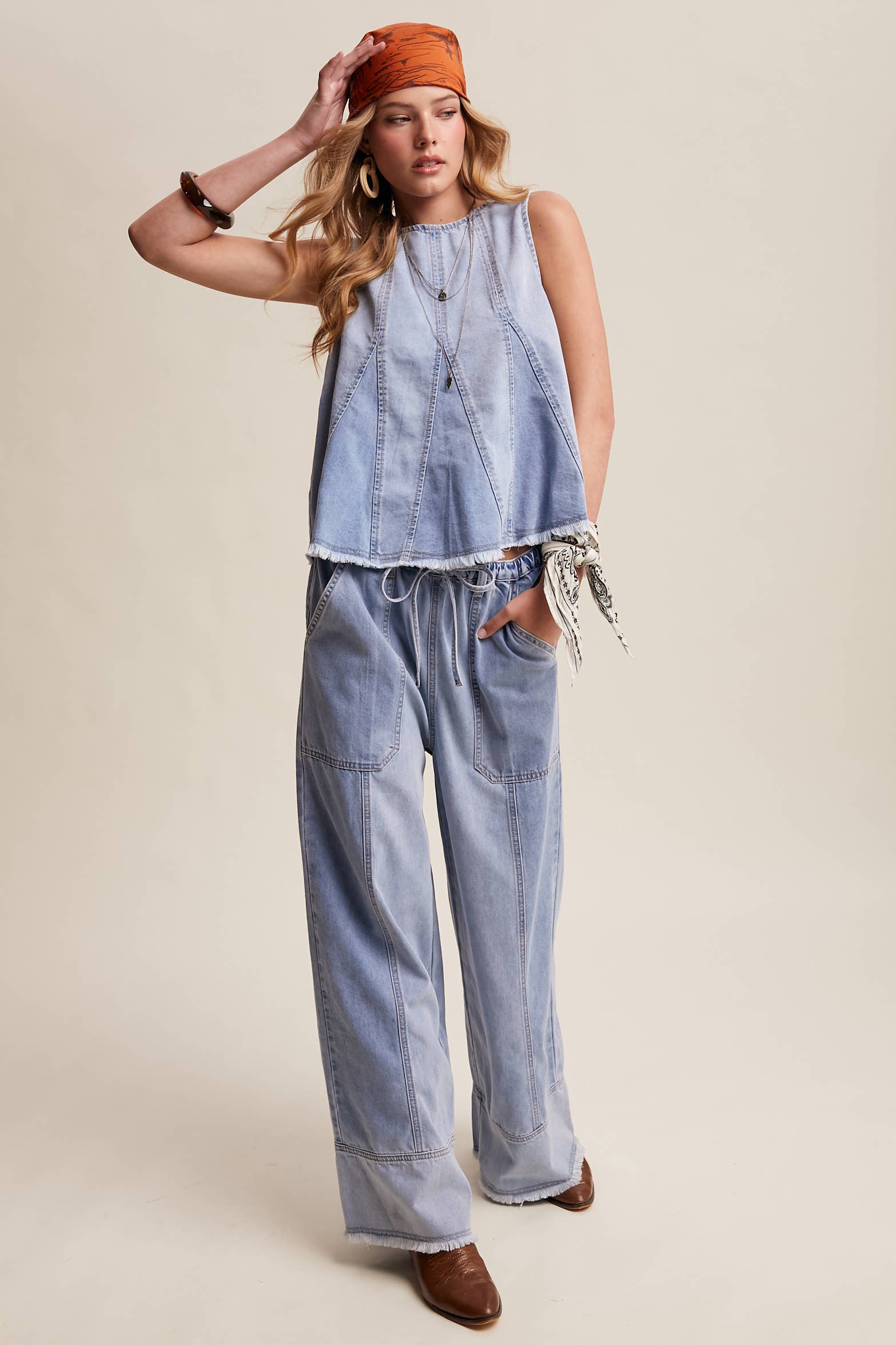 Washed Denim Wide-Leg Pants