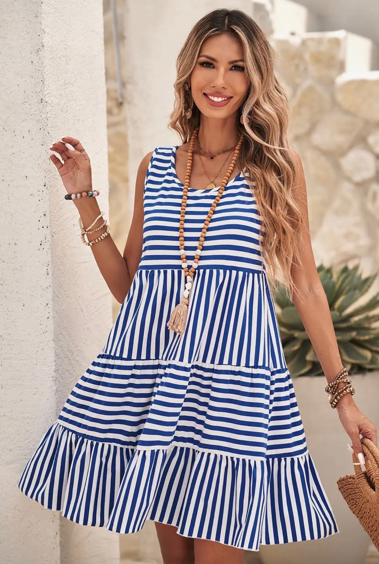 Blue striped Loose Mini Dress