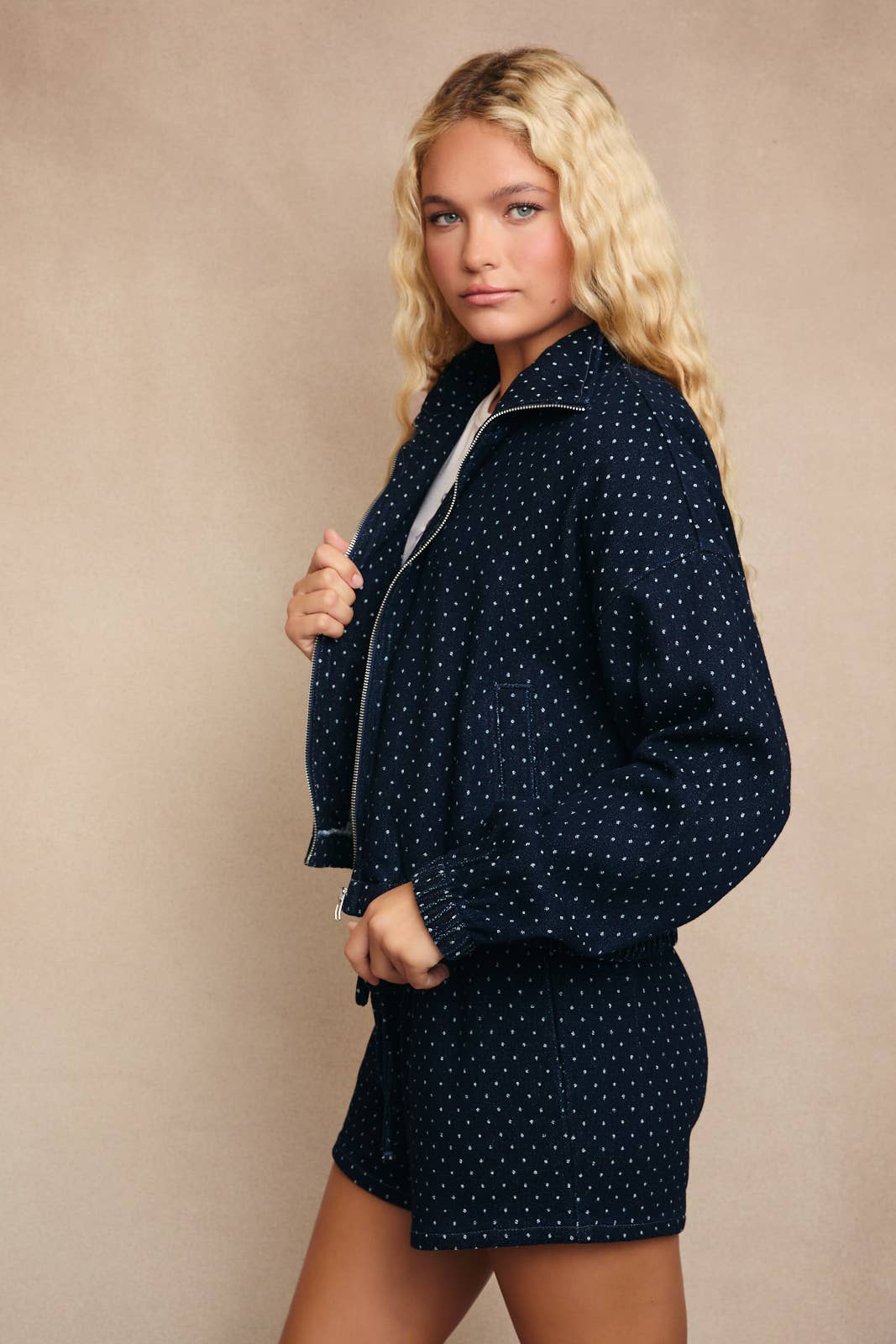 POLKA DOT DENIM JACKET AND SHORTS