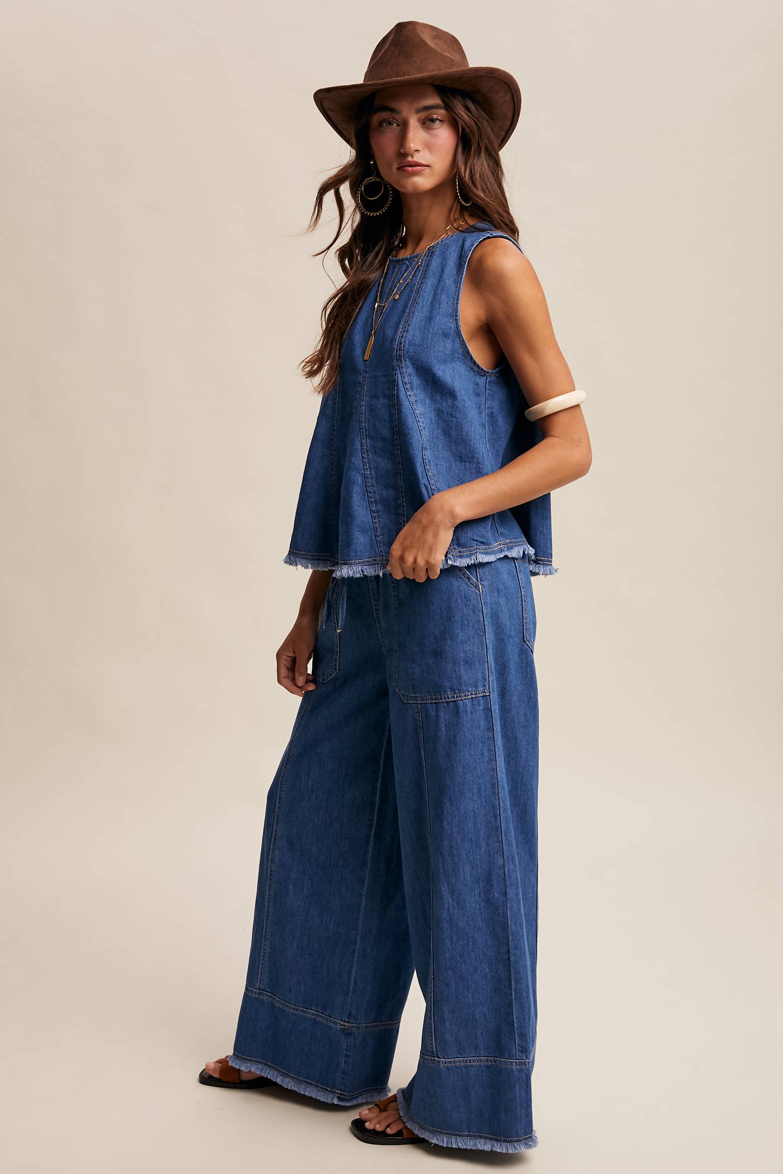 Washed Denim Wide-Leg Pants