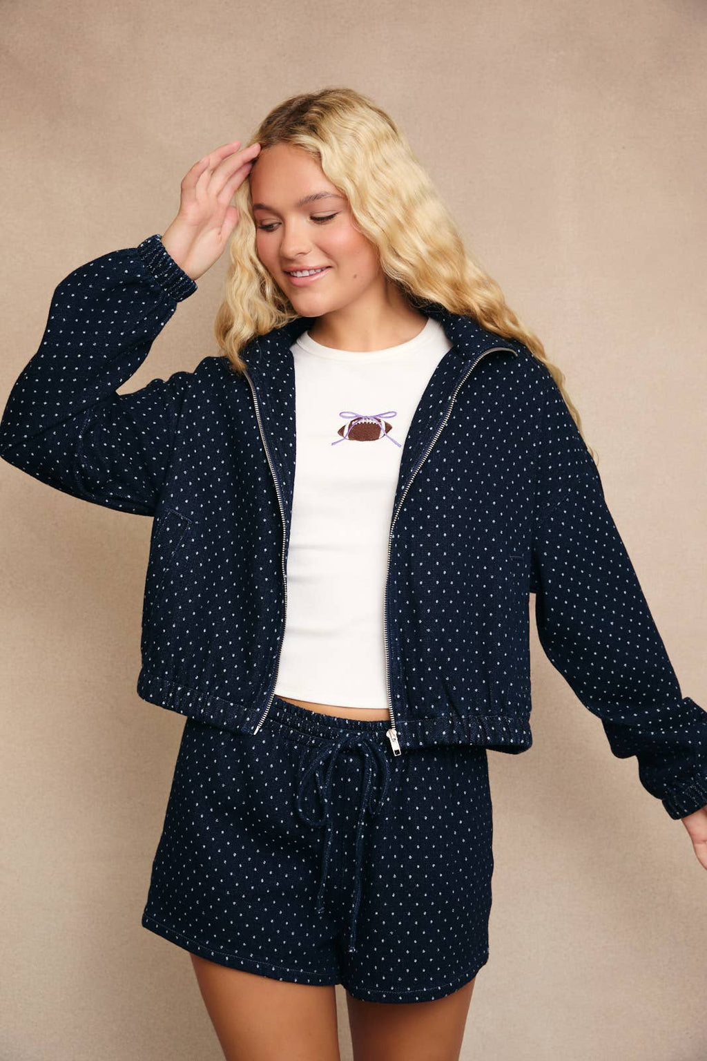 POLKA DOT DENIM JACKET AND SHORTS