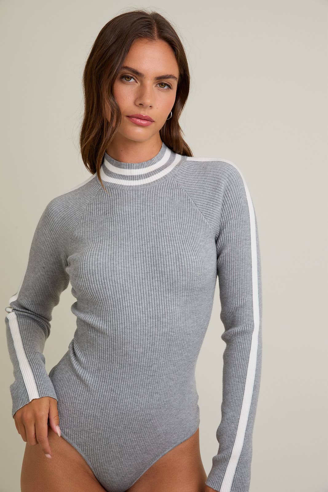 Mock Neck Long Sleeve Stripe Ribbed Bodysuit