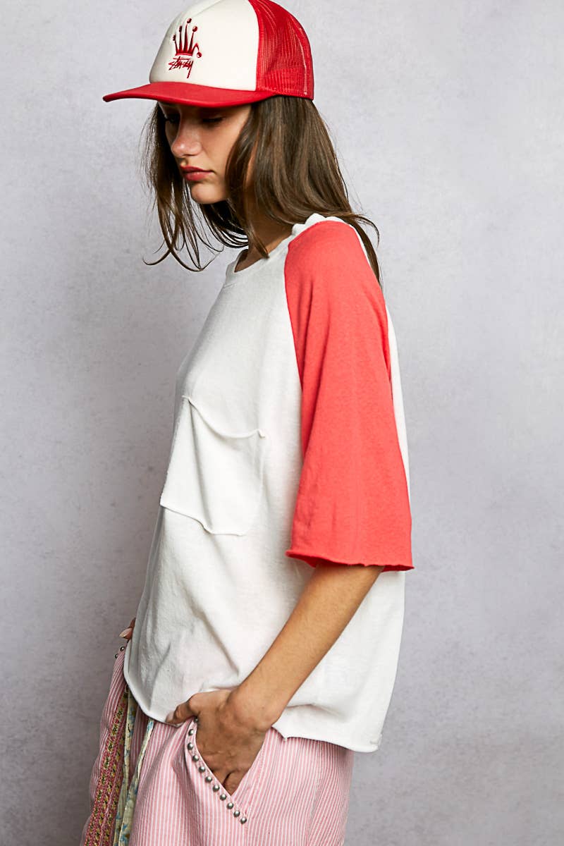 Round Neck Short Sleeve Contrast Knit Top SALE