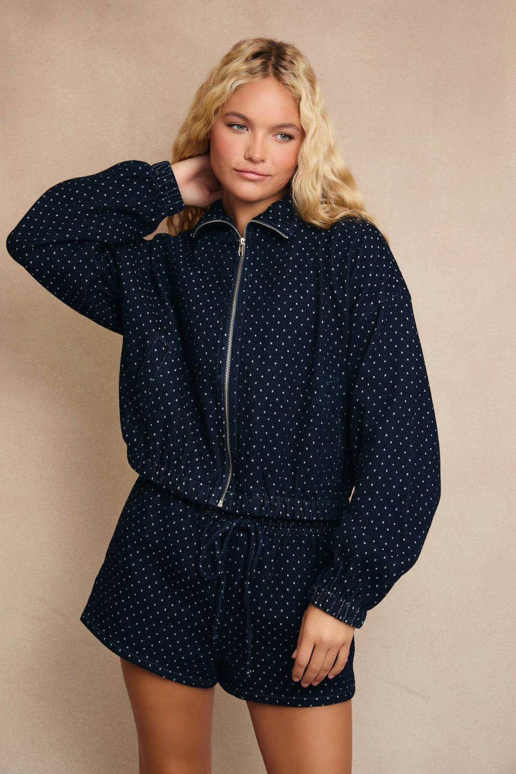 POLKA DOT DENIM JACKET AND SHORTS