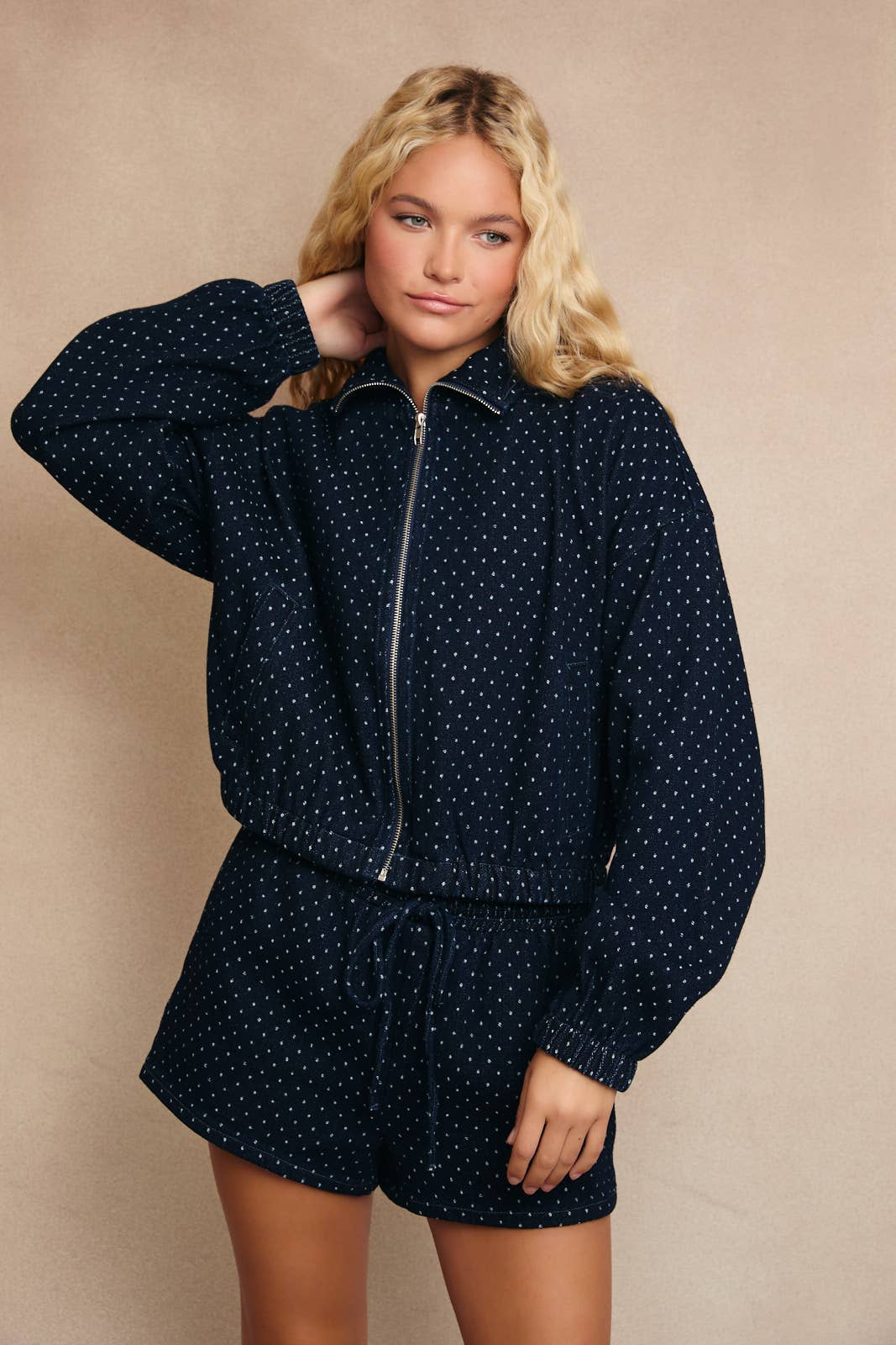 POLKA DOT DENIM JACKET AND SHORTS