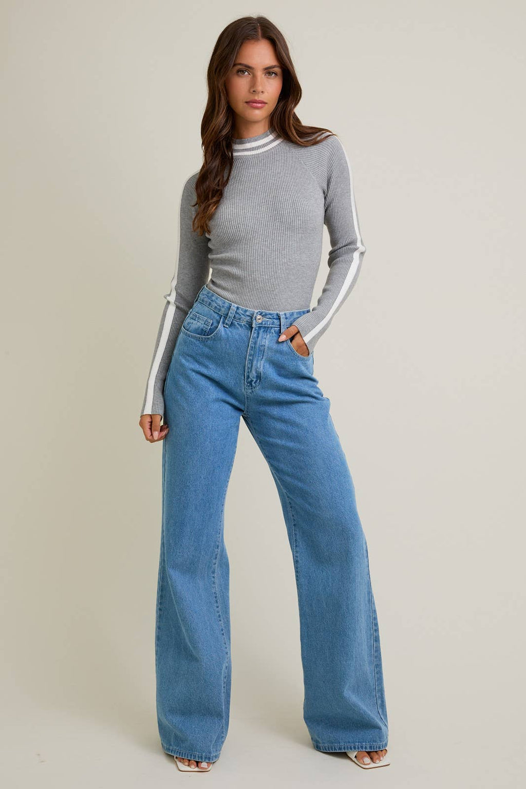 Mock Neck Long Sleeve Stripe Ribbed Bodysuit