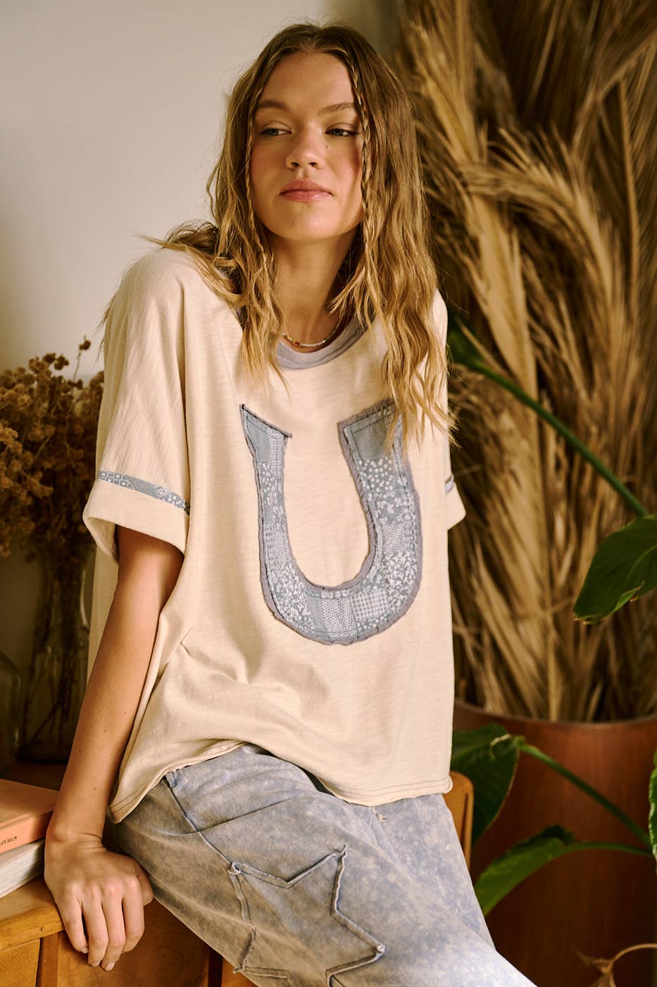 Horseshoe Patchwork Relaxed Short Sleeve Top