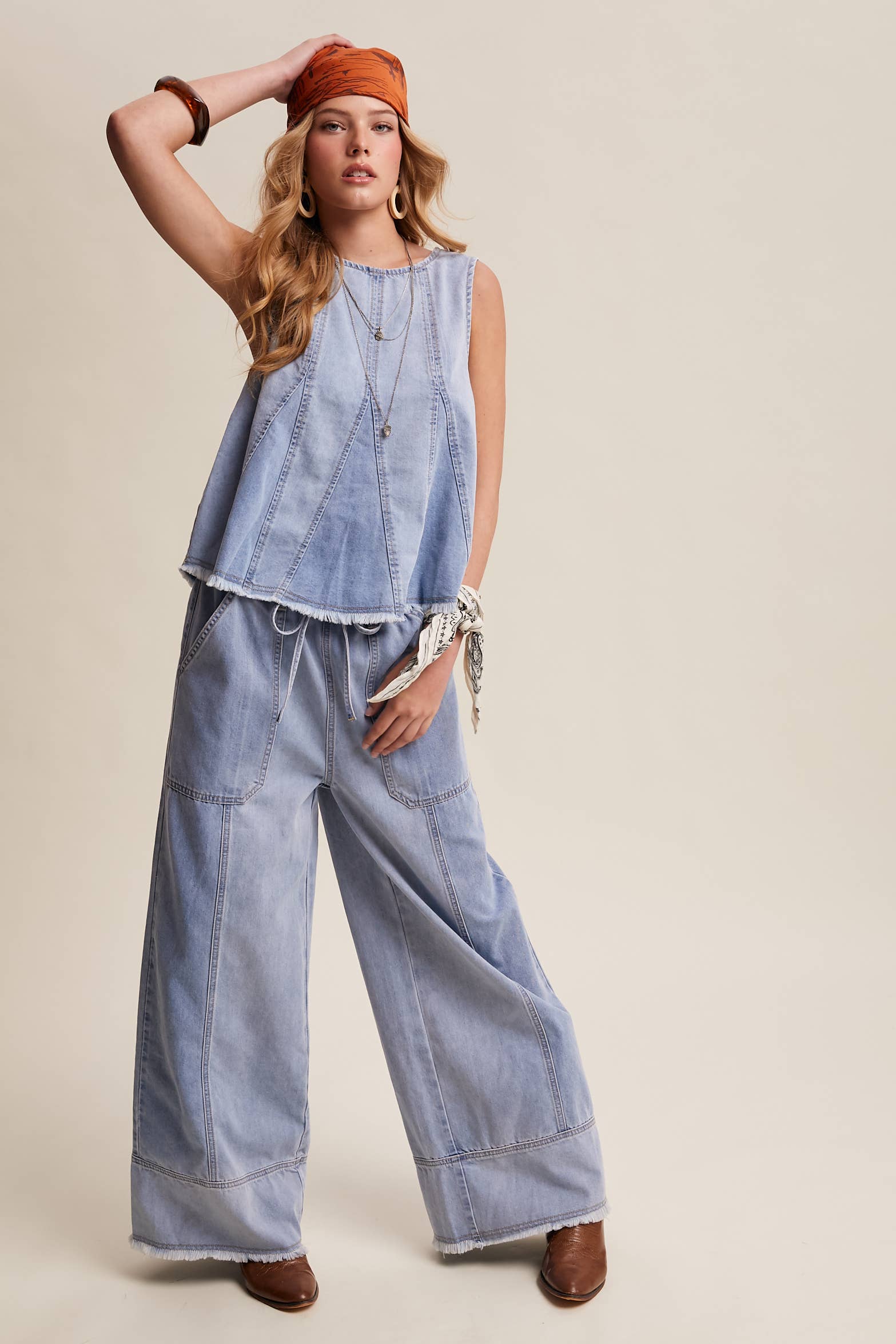 Washed Denim Wide-Leg Pants