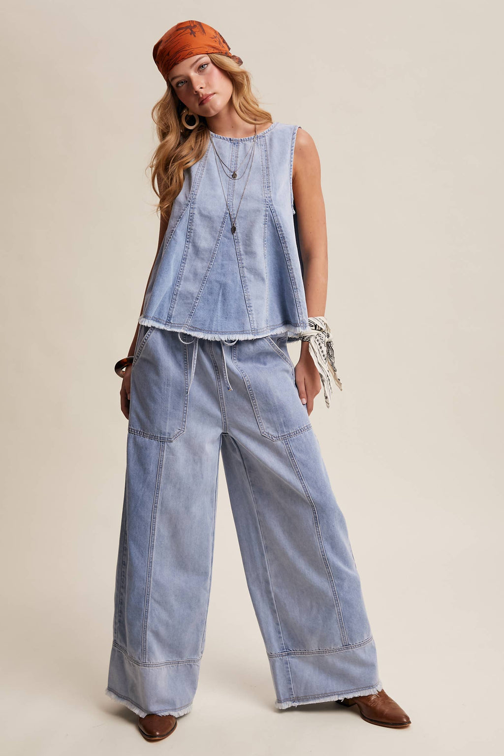Washed Denim Wide-Leg Pants