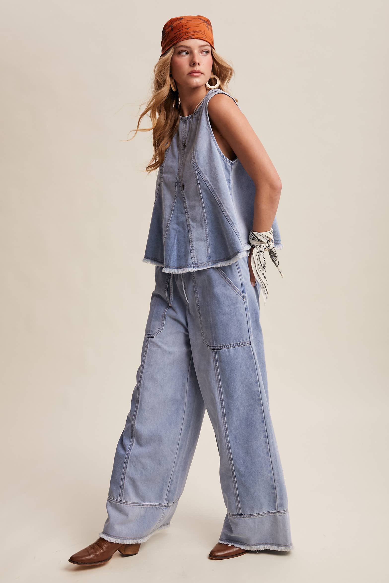 Washed Denim Wide-Leg Pants