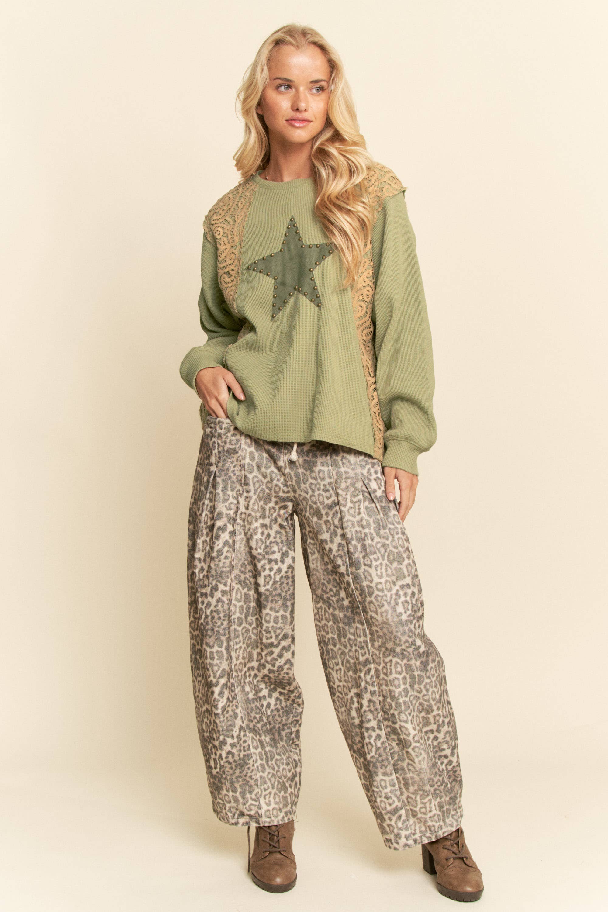 WASHED LEOPARD DENIM ELASTIC JEAN PANTS