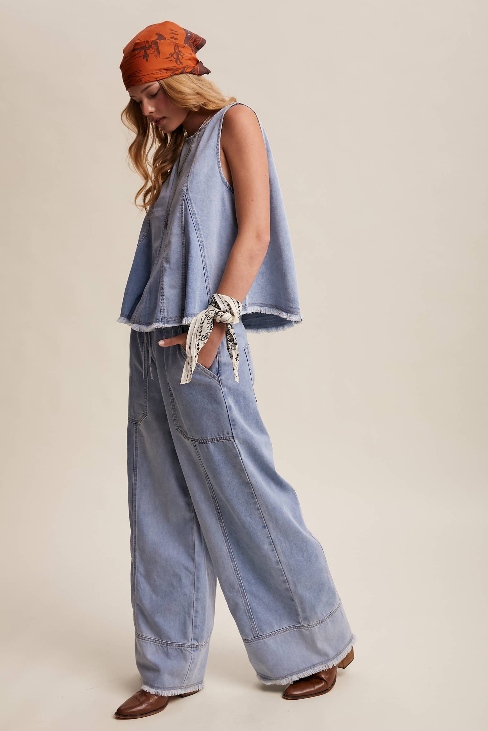 Washed Denim Wide-Leg Pants
