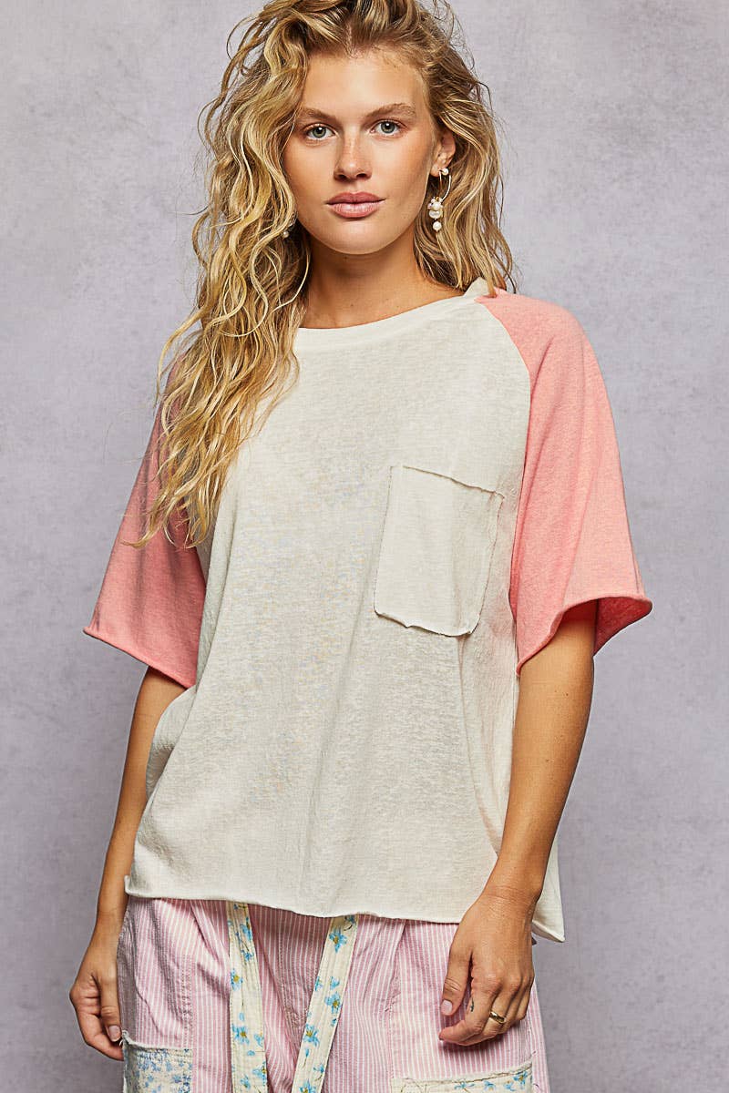 Round Neck Short Sleeve Contrast Knit Top SALE