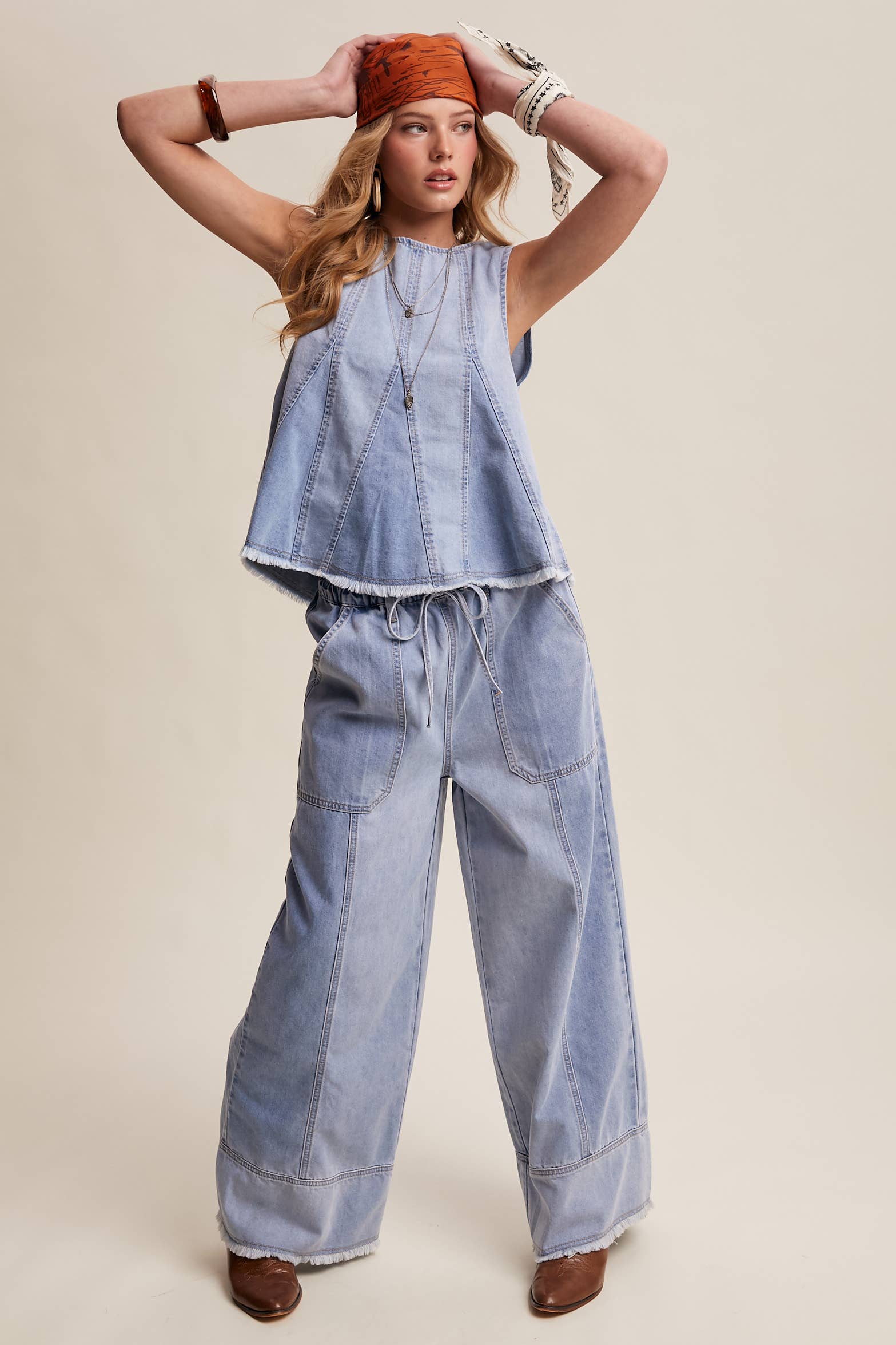 Washed Denim Wide-Leg Pants