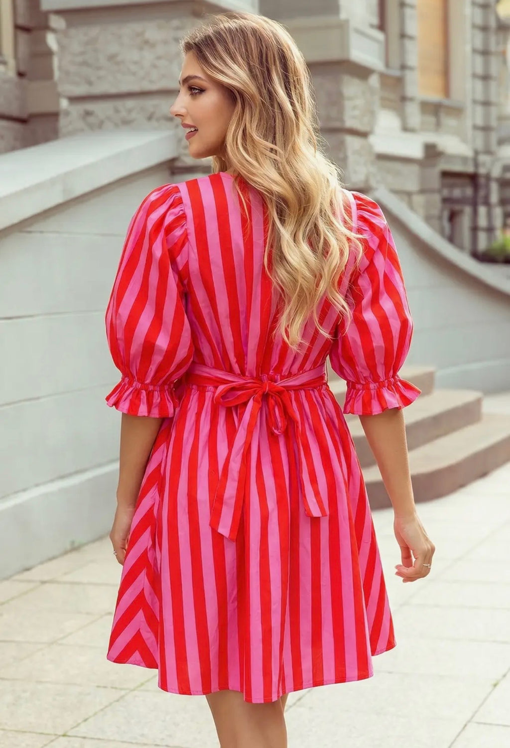 Striped Half Button Loose Dress