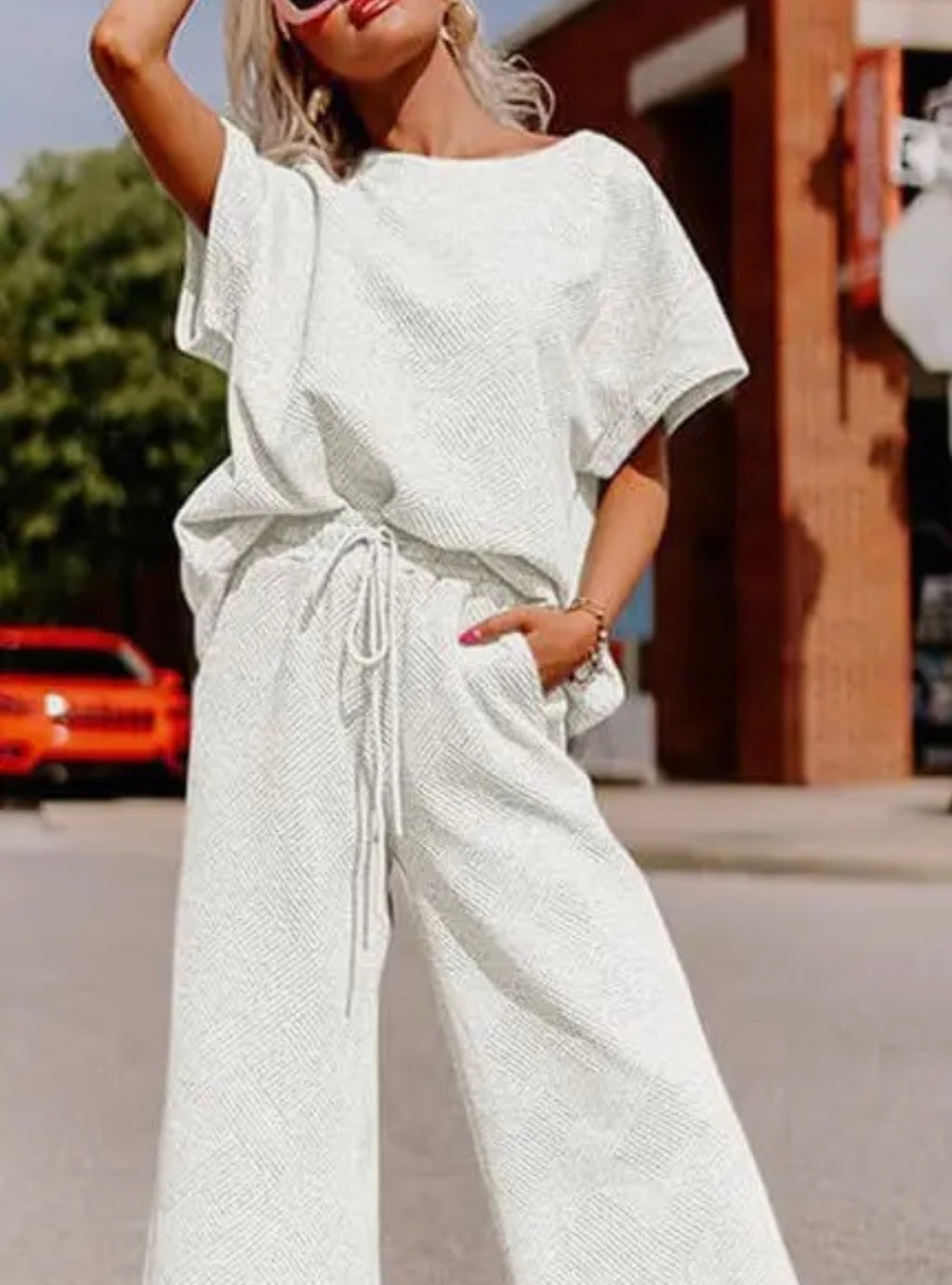 White Textured Top Wide-Leg pant set