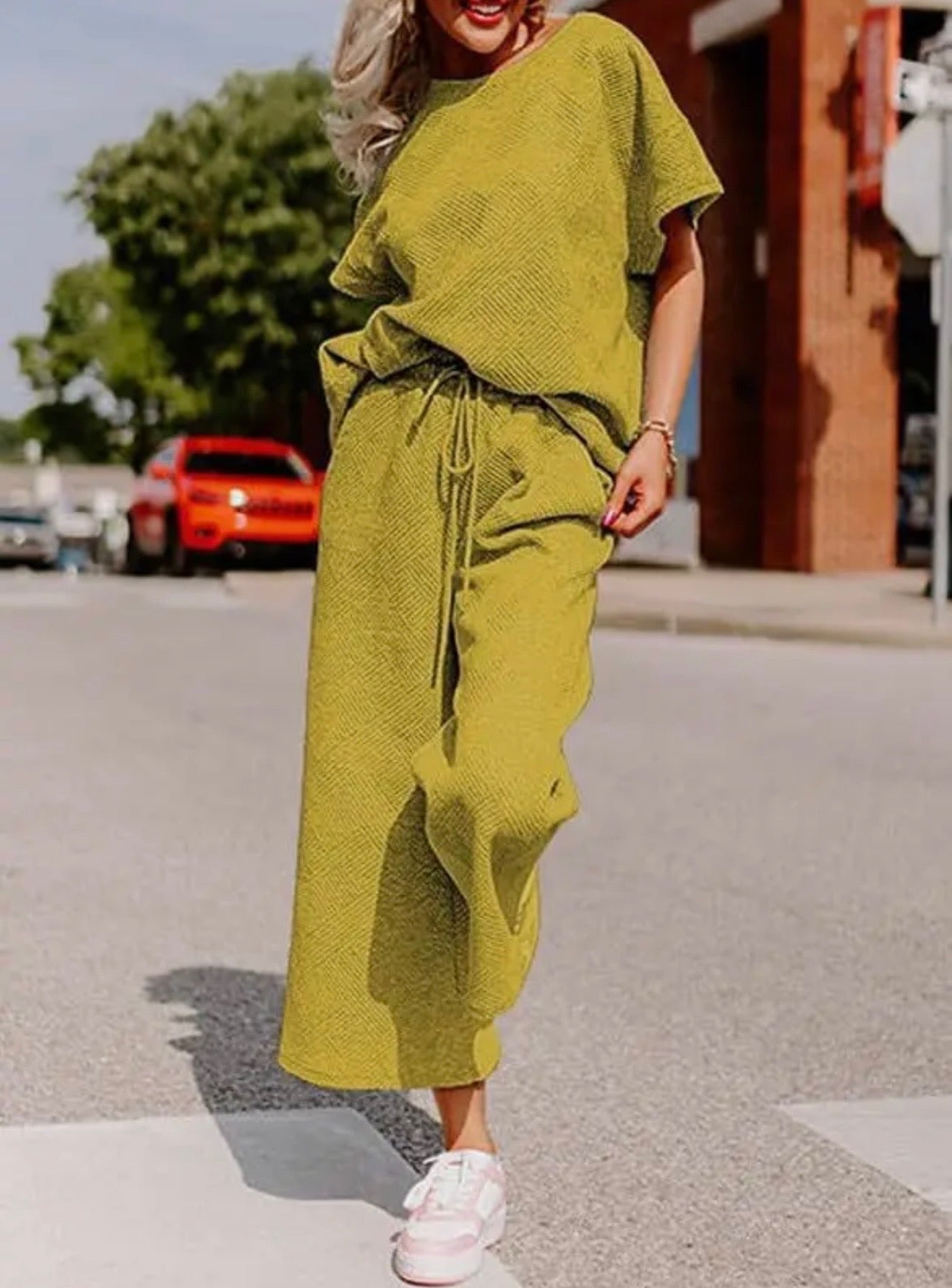 Yellow Textured Top Wide- Leg Pant Set
