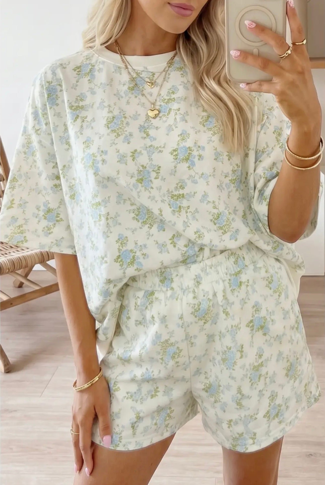 Floral Print Oversized Tee Elastic Waist Short Set