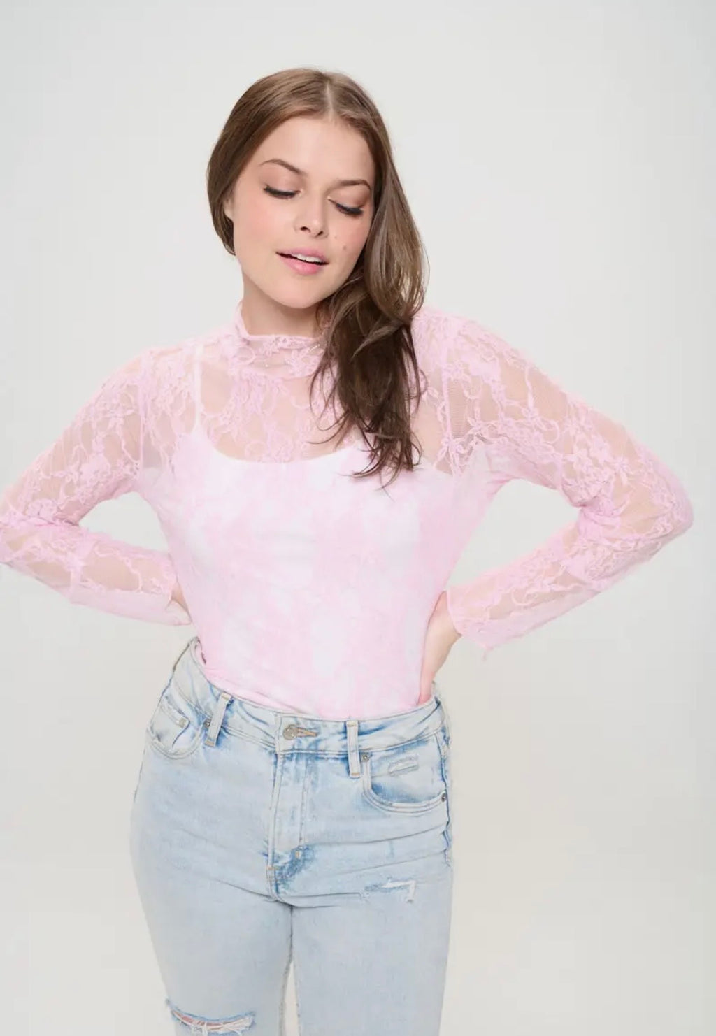 Floral Print Lace Long Sleeve Top Pink