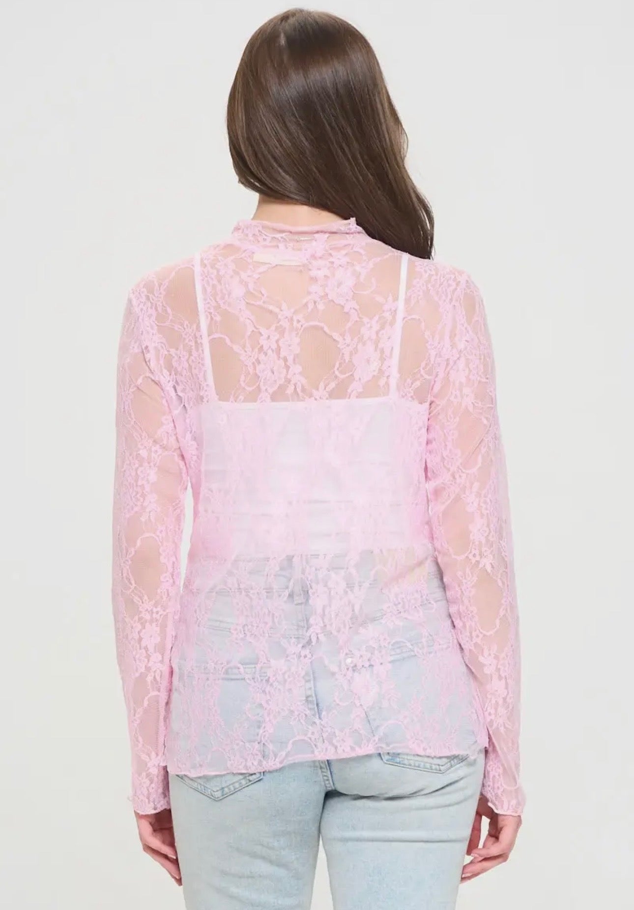Floral Print Lace Long Sleeve Top Pink