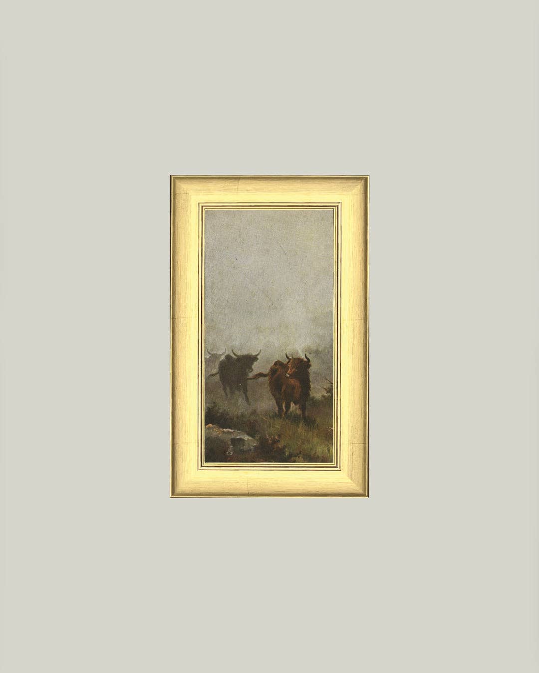Bulls in a Misty Morning Framed Antique Art