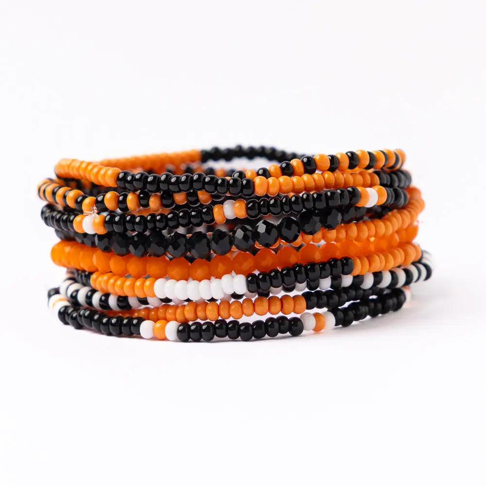 Game Day Beaded 10 Strand Stretch Bracelet Set Orange + Black