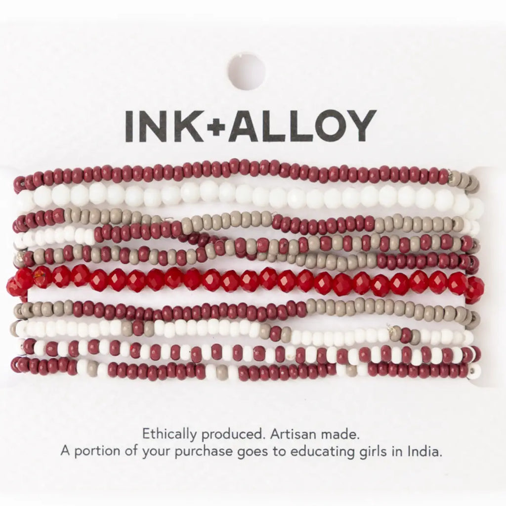 Game Day Beaded 10 Strand Stretch Bracelet Set Maroon + White