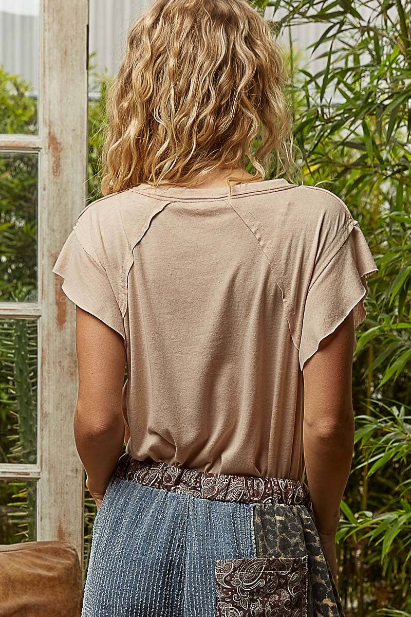 V-neck Ruffle Short Sleeve Basic Cotton Top