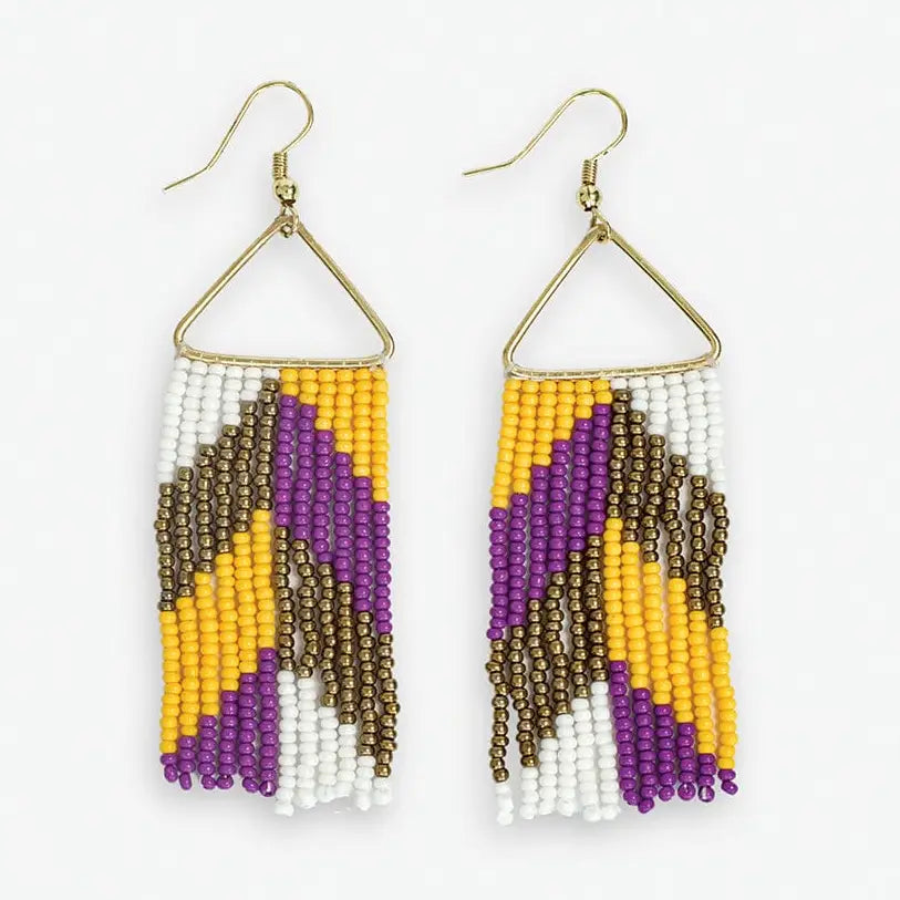 Whitney Game Day Chevron Beaded Fringe Earrings Purple and Yellow