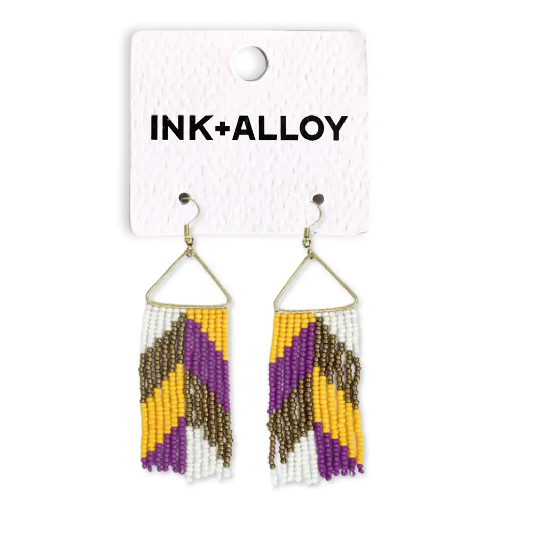 Whitney Game Day Chevron Beaded Fringe Earrings Purple and Yellow