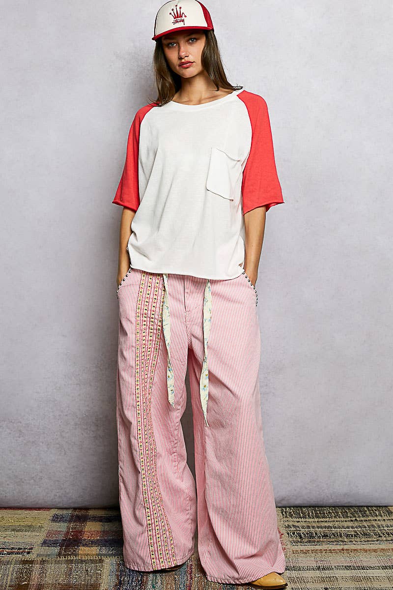 Round Neck Short Sleeve Contrast Knit Top SALE