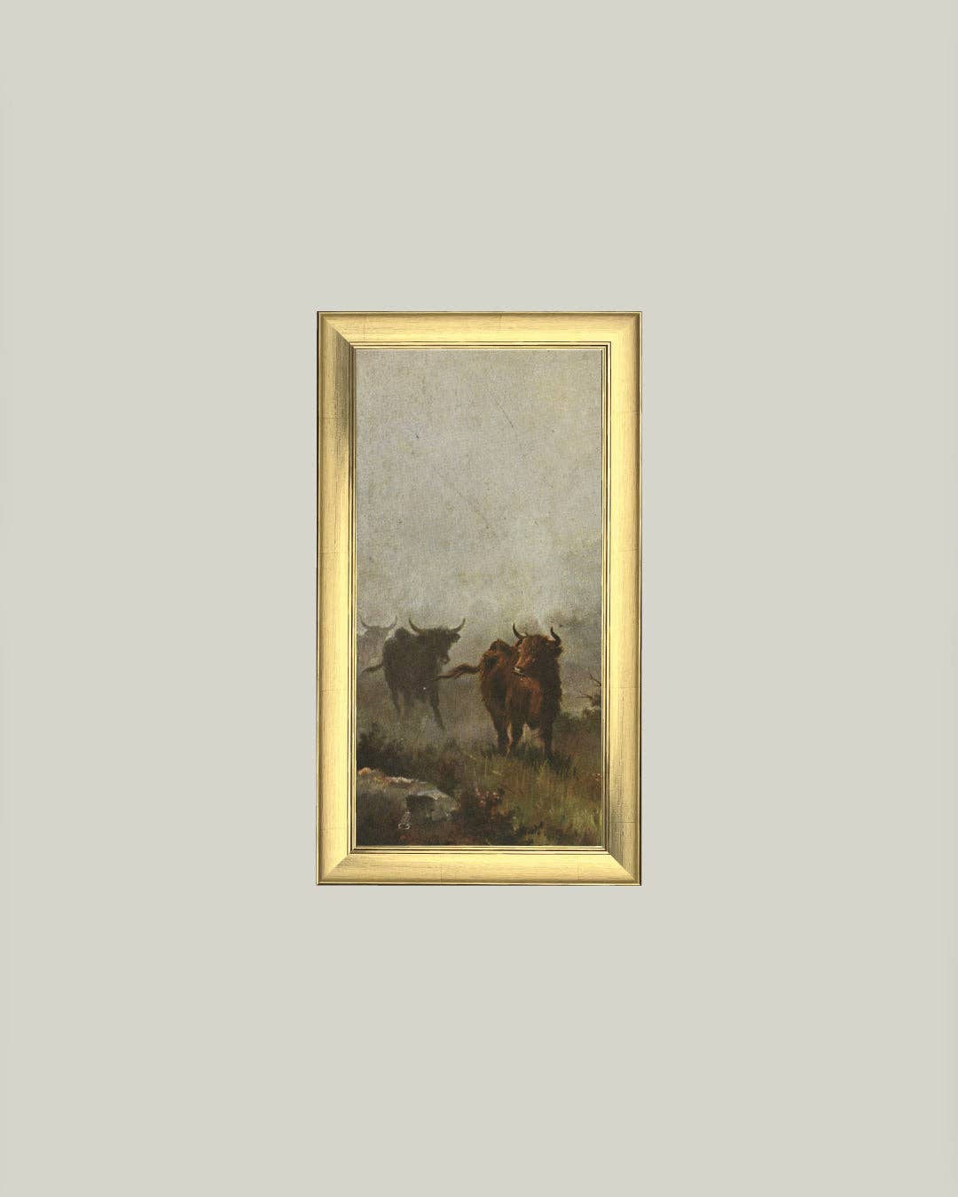 Bulls in a Misty Morning Framed Antique Art