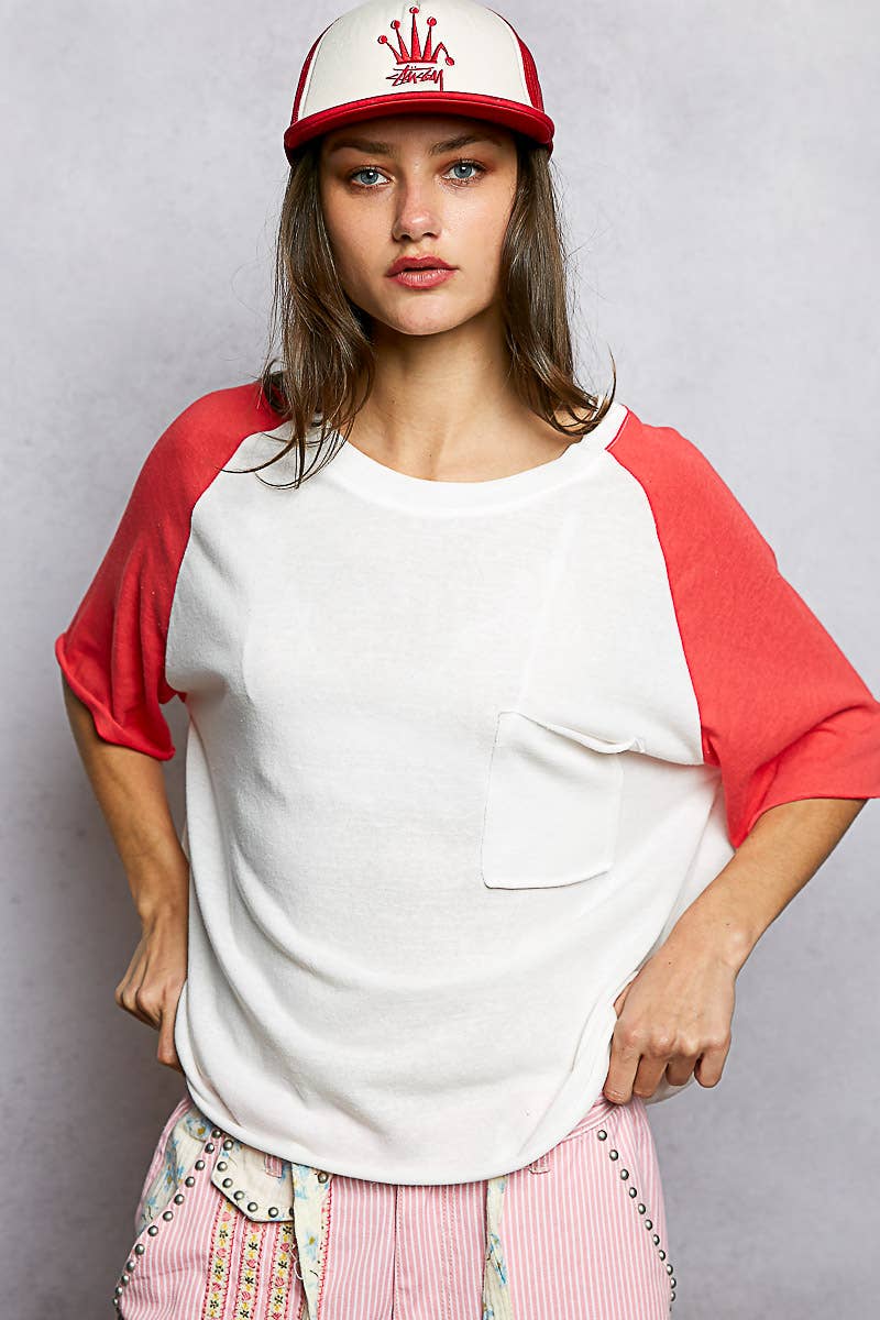 Round Neck Short Sleeve Contrast Knit Top SALE