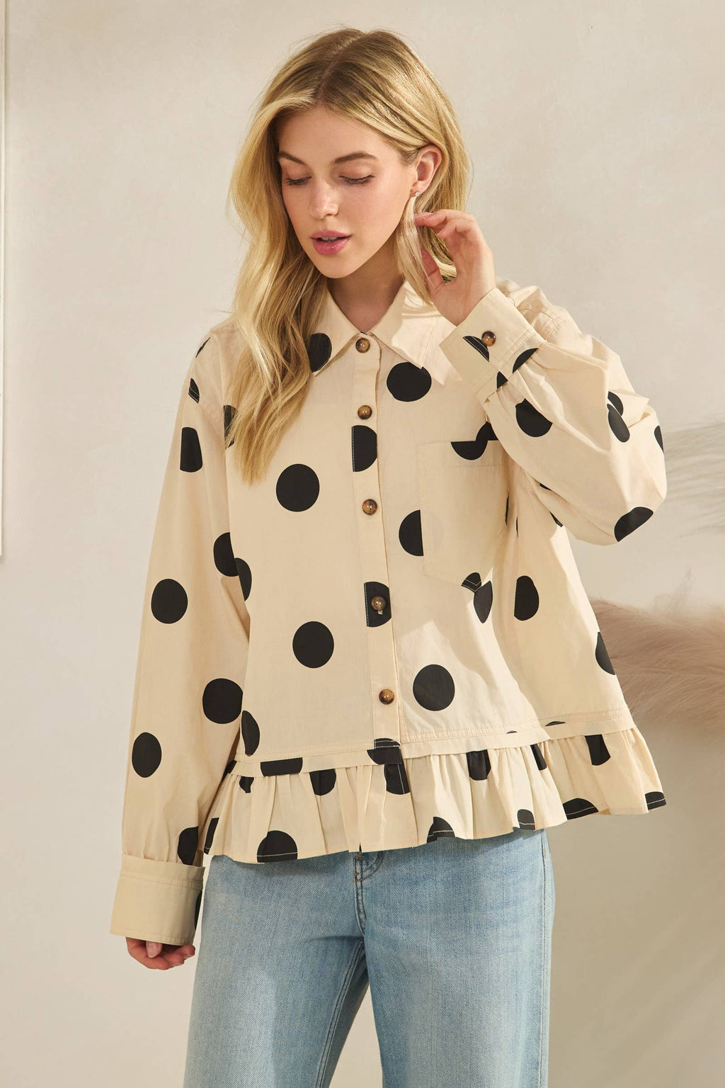 Polka Dot Ruffle Hem Long Sleeve Shirt