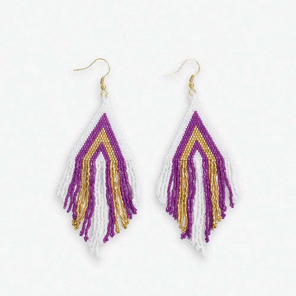 Haley Game Day Stacked Triangle Beaded Fringe Earrings Purple and Gold