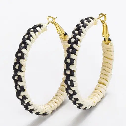 Holly Two-Color Woven Raffia Hoops Ivory and Black