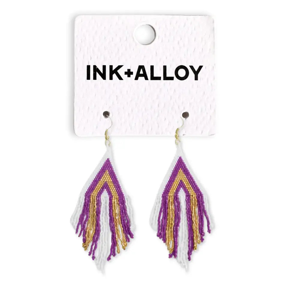 Haley Game Day Stacked Triangle Beaded Fringe Earrings Purple and Gold