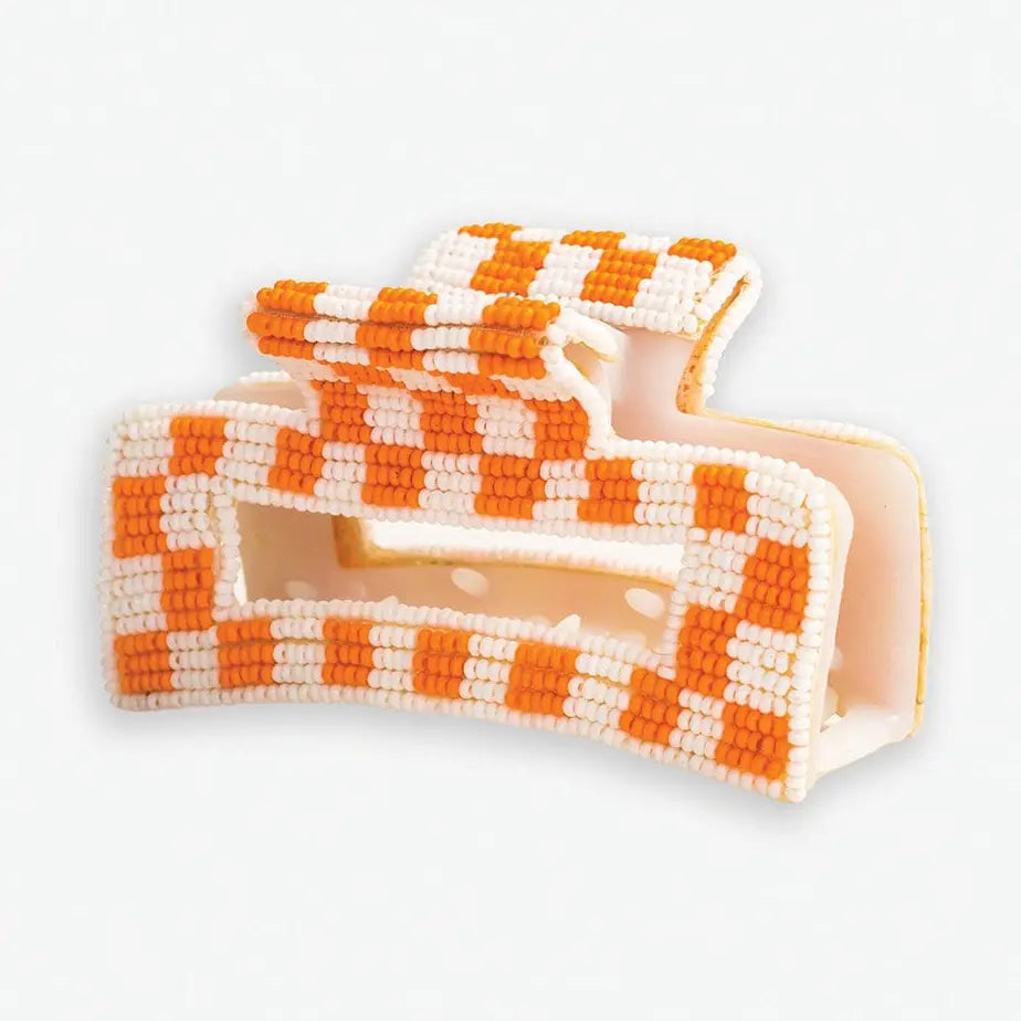 Lola Game Day Checked Beaded Hair Claw Clip Orange and White